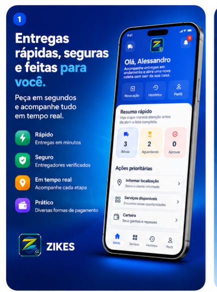 Tela do app ZIKES para entregas rápidas