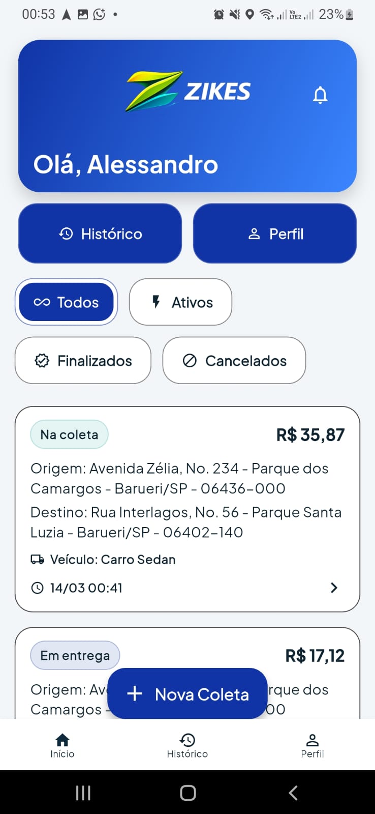 Carteira do app driver